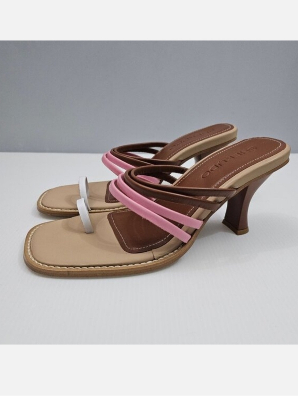 Shekudo Bondi Toe Loop Sandal Womens EU 39 Brown Pink Leather Mule Heel NEW